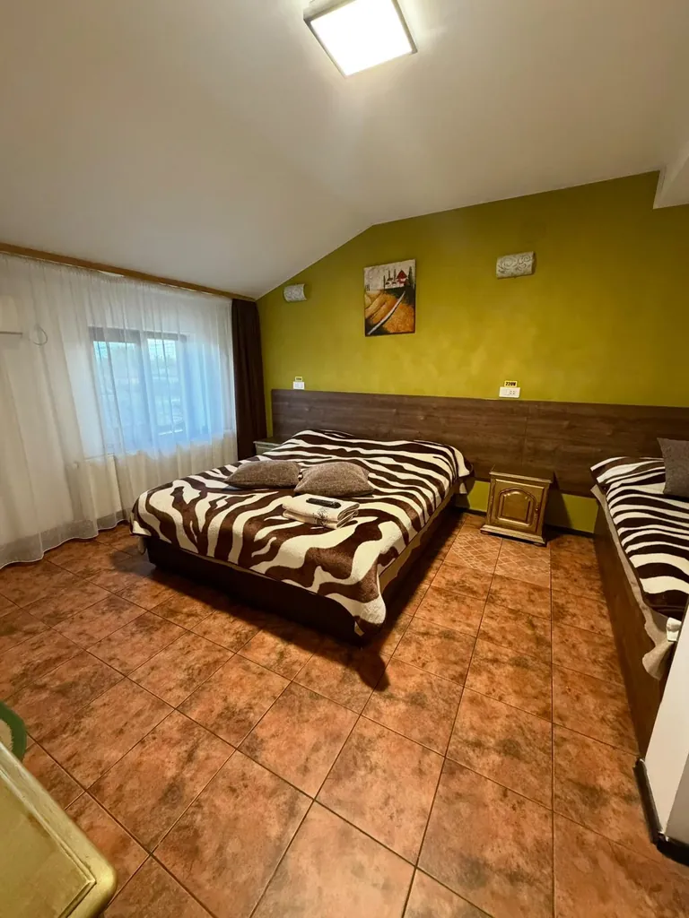 Cameră triplă cu perete verde, pat dublu și pat single