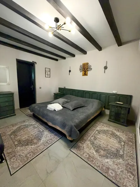 Cabana Kometa: cameră cu grinzi aparente, mobilier verde și covoare